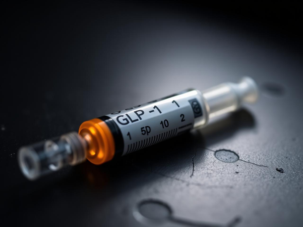 Macro photograph of a GLP-1 injector pen on a charcoal surface
